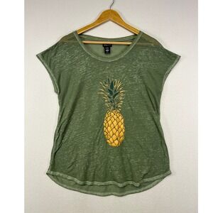 Tropical Boho Joei & I Womens Med Green Pineapple Burnout Graphic Cap Sleeve Tee